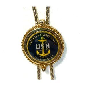 United States Navy U.S.S. Hornet Gold Bolo Tie With Braided Leather Cords & Anch